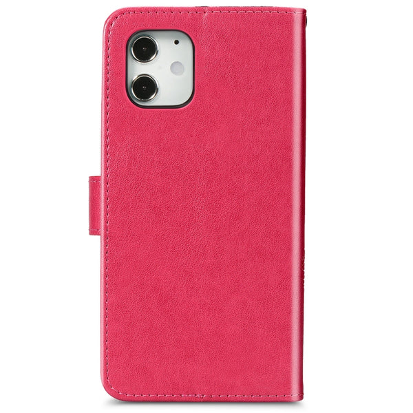 For iPhone 12 12 Pro Four-leaf Clasp Embossed Buckle Mobile Phone Protection Leather Cas...(Magenta)