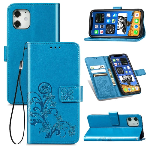 For iPhone 12 12 Pro Four-leaf Clasp Embossed Buckle Mobile Phone Protection Leather Case w...(Blue)