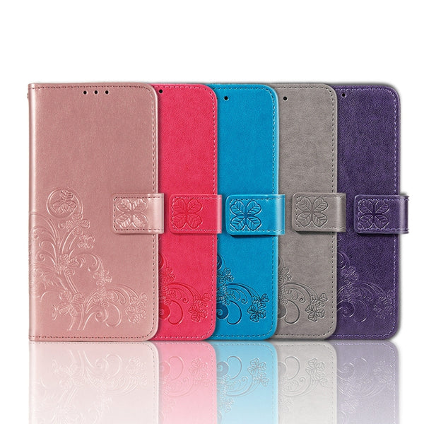 For iPhone 12 12 Pro Four-leaf Clasp Embossed Buckle Mobile Phone Protection Leather Case w...(Blue)