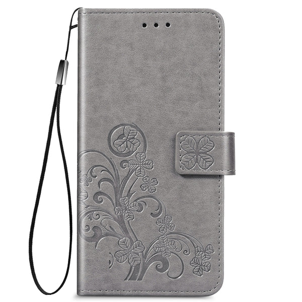 For iPhone 12 12 Pro Four-leaf Clasp Embossed Buckle Mobile Phone Protection Leather Case w...(Grey)