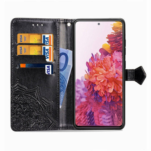 For Galaxy S20 FE S20 Lite Mandala Flower Embossed Horizontal Flip Leather Case with Brack...(Black)