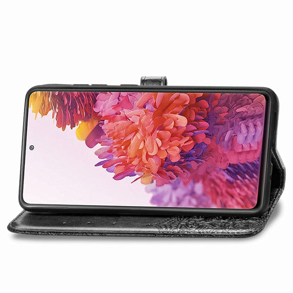 For Galaxy S20 FE S20 Lite Mandala Flower Embossed Horizontal Flip Leather Case with Brack...(Black)