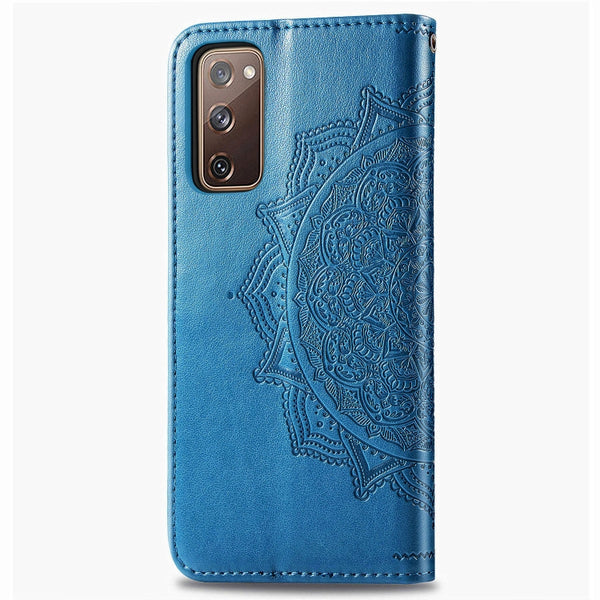 For Galaxy S20 FE S20 Lite Mandala Flower Embossed Horizontal Flip Leather Case with Bracke...(Blue)