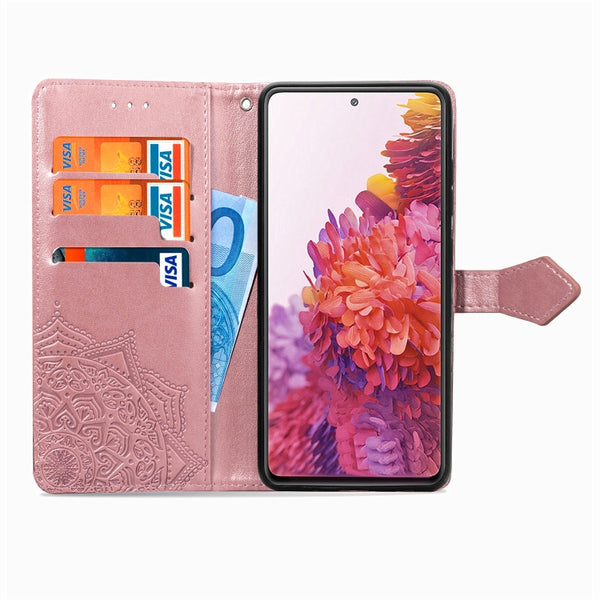 For Galaxy S20 FE S20 Lite Mandala Flower Embossed Horizontal Flip Leather Case with B...(Rose Gold)