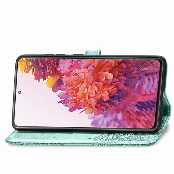 For Galaxy S20 FE S20 Lite Mandala Flower Embossed Horizontal Flip Leather Case with Brack...(Green)