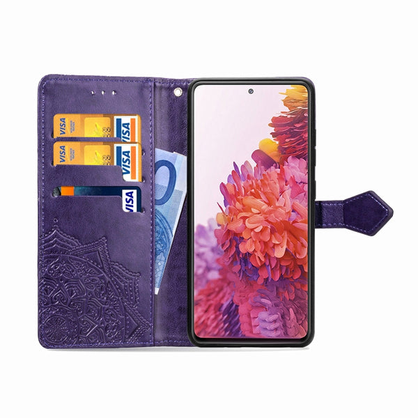For Galaxy S20 FE S20 Lite Mandala Flower Embossed Horizontal Flip Leather Case with Brac...(Purple)