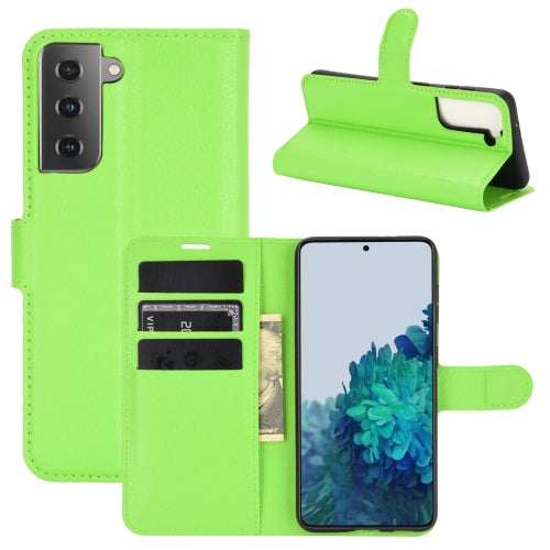 For Samsung Galaxy S21 5G Litchi Texture Horizontal Flip Protective Case with Holder & Car...(Green)