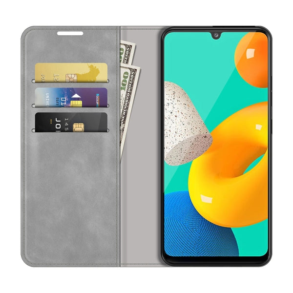 For Samsung Galaxy M32 Retro-skin Business Magnetic Suction Leather Case with Holder & Card...(Grey)