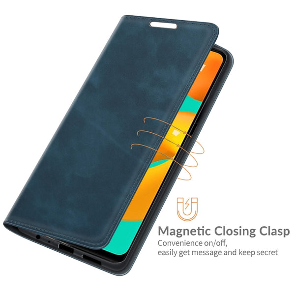 For Samsung Galaxy M32 Retro-skin Business Magnetic Suction Leather Case with Holder &...(Dark Blue)