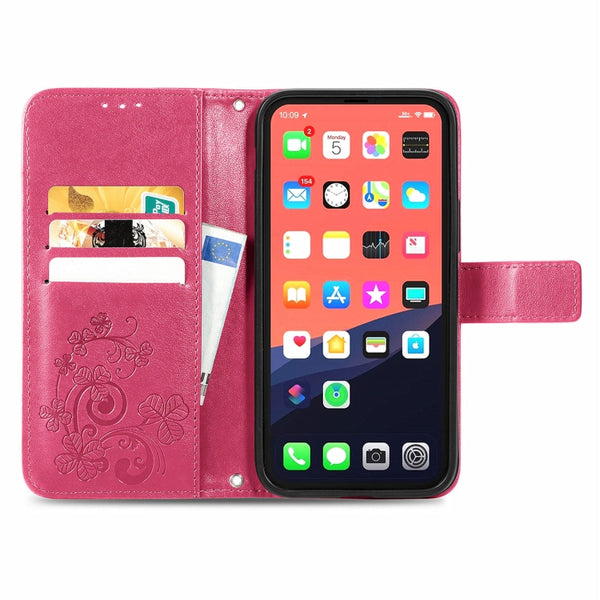 For iPhone 13 Pro Four-leaf Clover Clasp Embossed Buckle Mobile Phone Protection Leather...(Magenta)