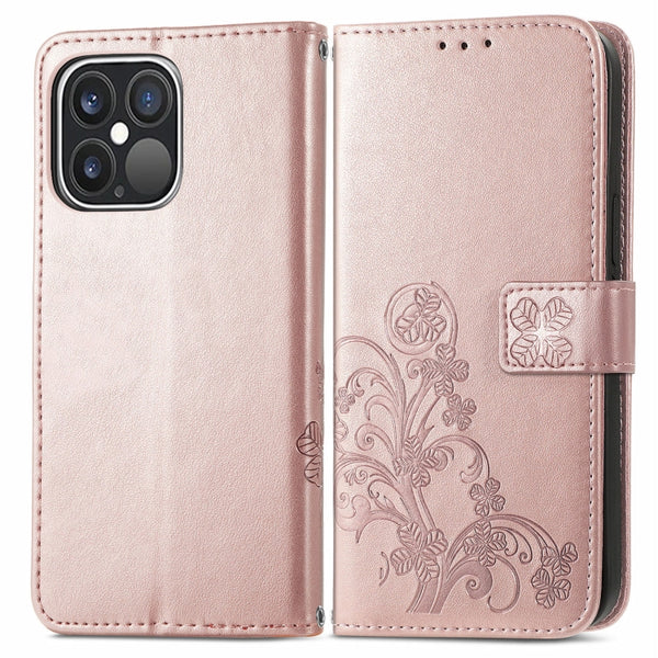 For iPhone 13 Pro Four-leaf Clover Clasp Embossed Buckle Mobile Phone Protection Leath...(Rose Gold)