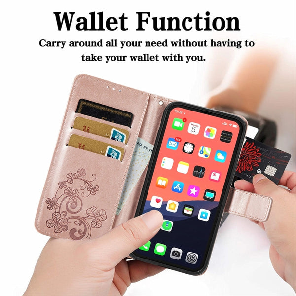 For iPhone 13 Pro Four-leaf Clover Clasp Embossed Buckle Mobile Phone Protection Leath...(Rose Gold)