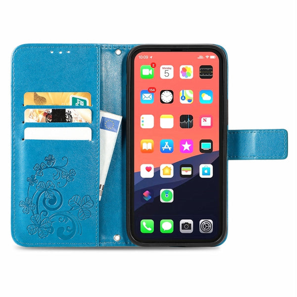 For iPhone 13 Pro Four-leaf Clover Clasp Embossed Buckle Mobile Phone Protection Leather Ca...(Blue)