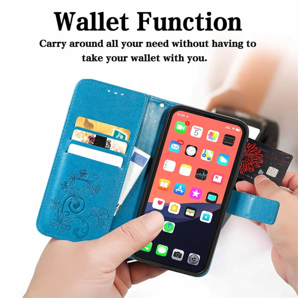 For iPhone 13 Pro Four-leaf Clover Clasp Embossed Buckle Mobile Phone Protection Leather Ca...(Blue)