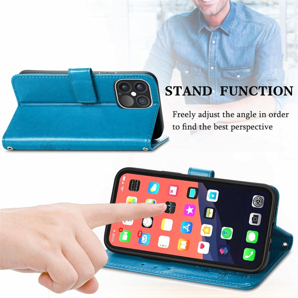 For iPhone 13 Pro Four-leaf Clover Clasp Embossed Buckle Mobile Phone Protection Leather Ca...(Blue)