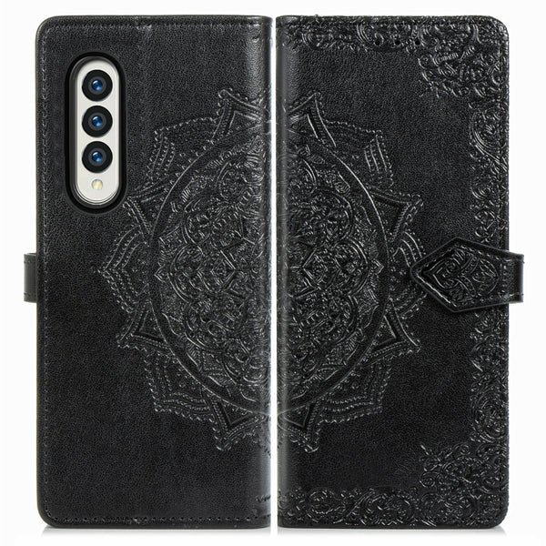 For Samsung Galaxy Z Fold3 Mandala Flower Embossed Horizontal Flip Leather Case with Holde...(Black)