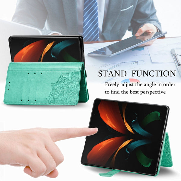 For Samsung Galaxy Z Fold3 Mandala Flower Embossed Horizontal Flip Leather Case with Holde...(Green)