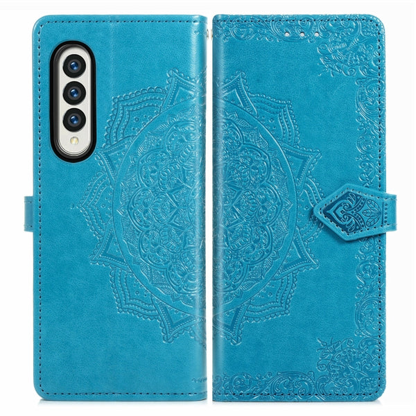 For Samsung Galaxy Z Fold3 Mandala Flower Embossed Horizontal Flip Leather Case with Holder...(Blue)