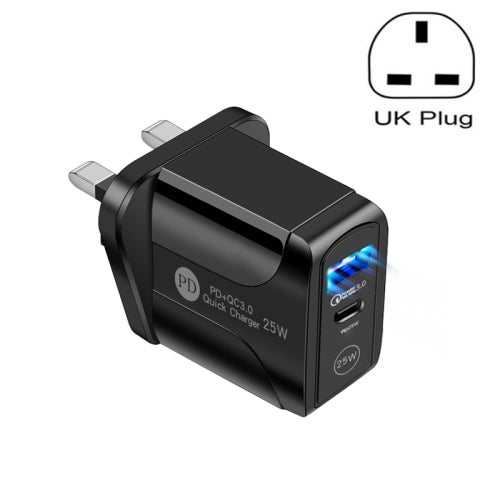 PD25W USB-C Type-C QC3.0 USB Dual Ports Fast Charger, UK Plug(Black)