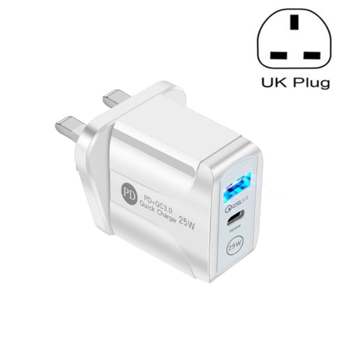 PD25W USB-C Type-C QC3.0 USB Dual Ports Fast Charger, UK Plug(White)