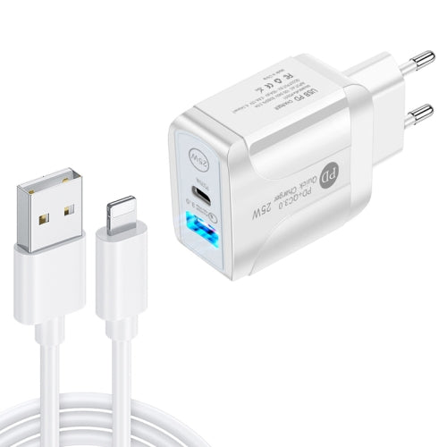 PD25W USB-C Type-C QC3.0 USB Dual Ports Fast Charger with USB to 8 Pin Data Cable, EU Plug(White)