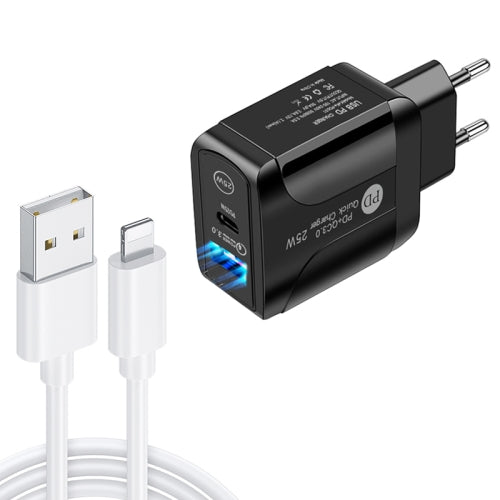 PD25W USB-C Type-C QC3.0 USB Dual Ports Fast Charger with USB to 8 Pin Data Cable, EU Plug(Black)