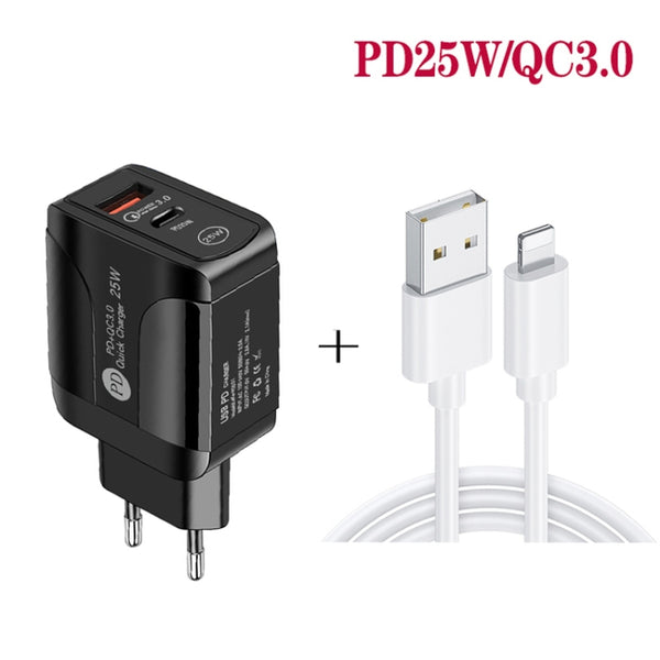 PD25W USB-C Type-C QC3.0 USB Dual Ports Fast Charger with USB to 8 Pin Data Cable, EU Plug(Black)