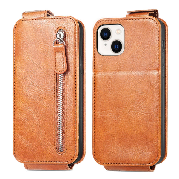 For iPhone 14 Zipper Wallet Vertical Flip Leather Phone Case(Brown)