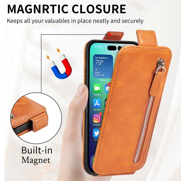 For iPhone 14 Zipper Wallet Vertical Flip Leather Phone Case(Brown)