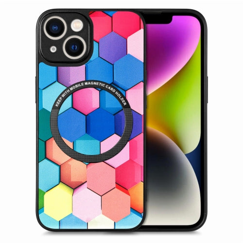 For iPhone 14 Colored Drawing Leather Back Cover Magsafe Phone Case(Colorful Cube)