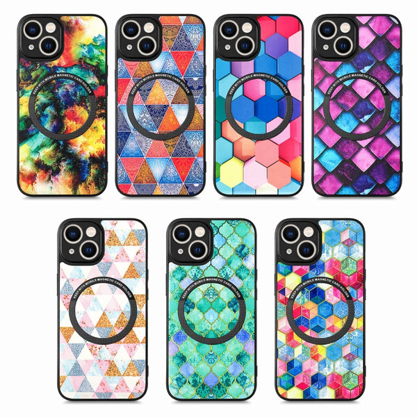 For iPhone 14 Colored Drawing Leather Back Cover Magsafe Phone Case(Rhombus)