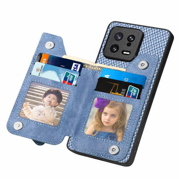 For Xiaomi 13 Carbon Fiber Flip Zipper Wallet Phone Case(Blue)