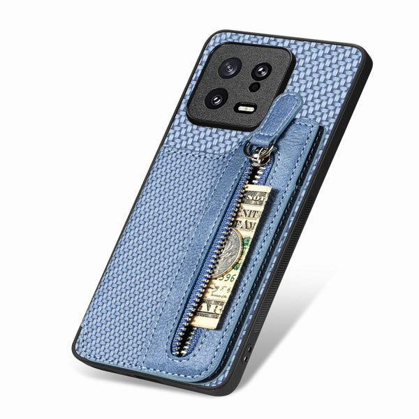 For Xiaomi 13 Carbon Fiber Flip Zipper Wallet Phone Case(Blue)