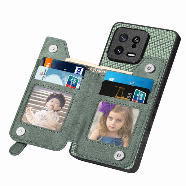 For Xiaomi 13 Carbon Fiber Flip Zipper Wallet Phone Case(Green)