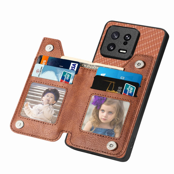 For Xiaomi 13 Carbon Fiber Flip Zipper Wallet Phone Case(Brown)
