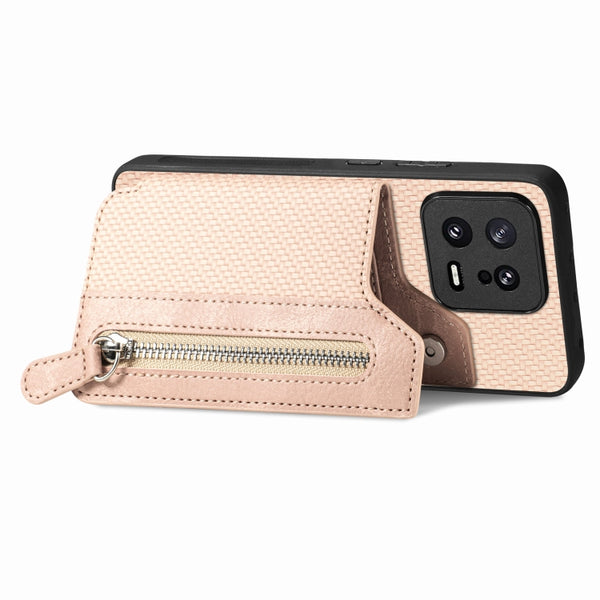 For Xiaomi 13 Carbon Fiber Flip Zipper Wallet Phone Case(Khaki)