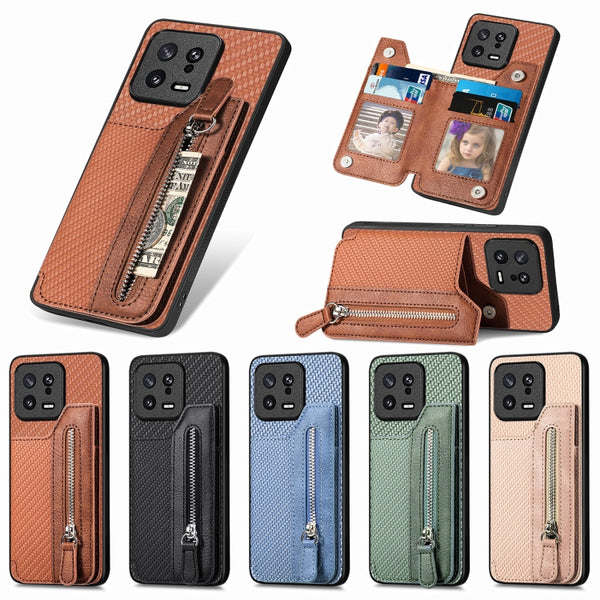 For Xiaomi 13 Carbon Fiber Flip Zipper Wallet Phone Case(Black)
