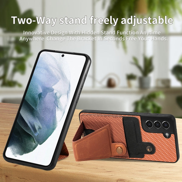 For Samsung Galaxy S21 5G Carbon Fiber Wallet Flip Card K-shaped Holder Phone Case(Brown)