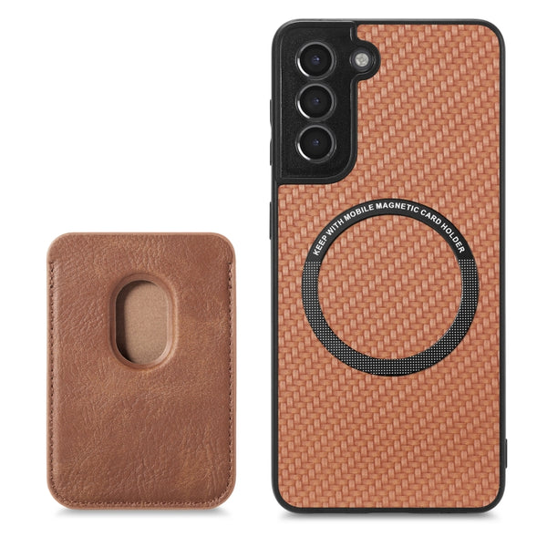 For Samsung Galaxy S21 5G Carbon Fiber Leather Card Magsafe Magnetic Phone Case(Brown)
