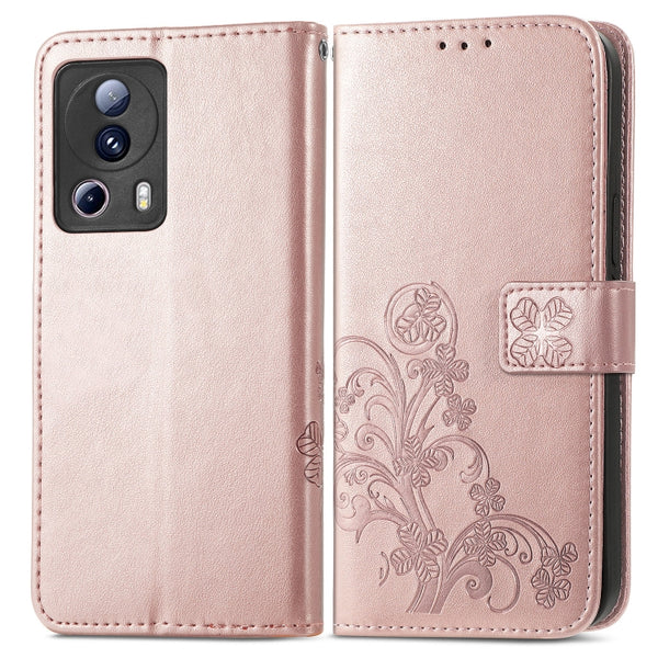 For Xiaomi 13 Lite Four-leaf Clasp Embossed Buckle Leather Phone Case(Rose Gold)