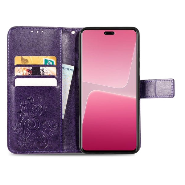 For Xiaomi 13 Lite Four-leaf Clasp Embossed Buckle Leather Phone Case(Purple)
