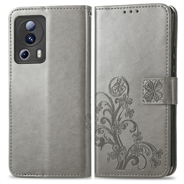 For Xiaomi 13 Lite Four-leaf Clasp Embossed Buckle Leather Phone Case(Gray)
