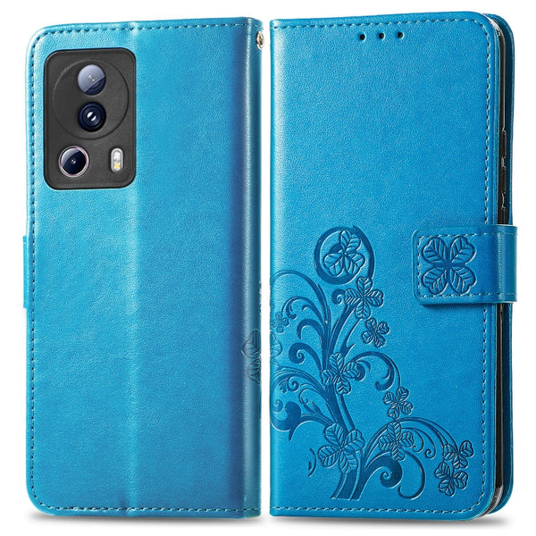 For Xiaomi 13 Lite Four-leaf Clasp Embossed Buckle Leather Phone Case(Blue)