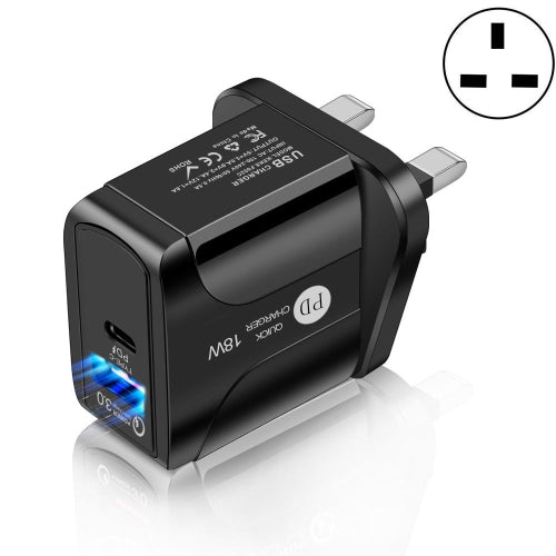 18W PD QC 3.0 Fast Charge Travel Charger Power Adapter With LED Indication Function(UK Plug Black)