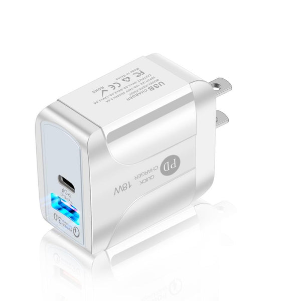 18W PD QC 3.0 Fast Charge Travel Charger Power Adapter With LED Indication Function(US Plug White)