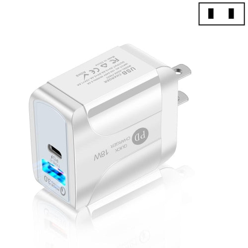 18W PD QC 3.0 Fast Charge Travel Charger Power Adapter With LED Indication Function(US Plug White)