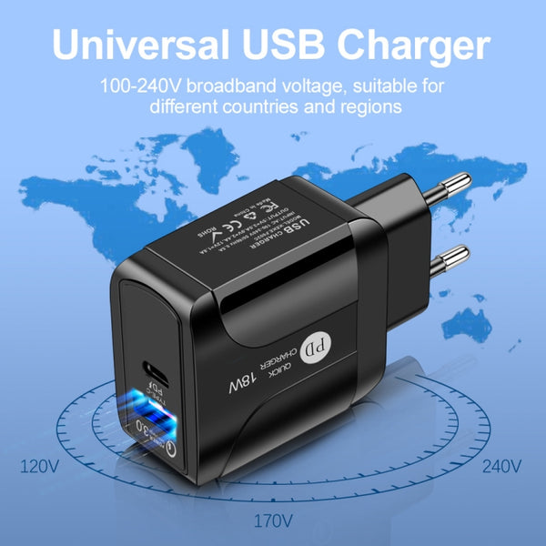 18W PD QC 3.0 Fast Charge Travel Charger Power Adapter With LED Indication Function(US Plug Black)