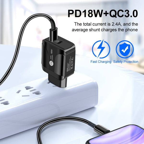 18W PD QC 3.0 Fast Charge Travel Charger Power Adapter With LED Indication Function(US Plug Black)