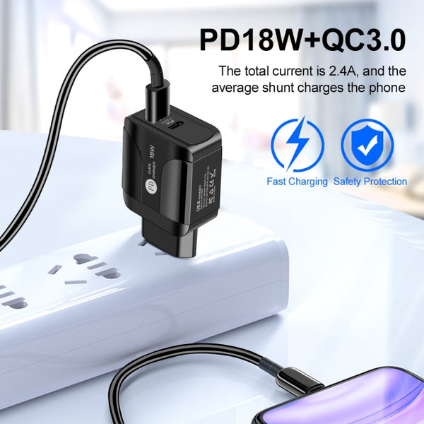 18W PD QC 3.0 Fast Charge Travel Charger Power Adapter With LED Indication Function(US Plug White)