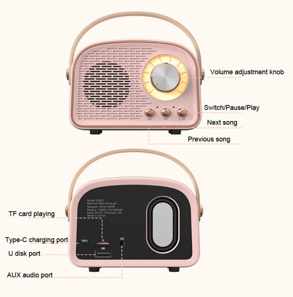 DW21 Vintage Radio BT Speaker Support TF Card U Disk to Play(Pink)